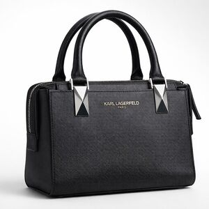 Karl Lagerfeld Paris Black Saffiano Satchel | Gold Hardware | Structured Bag